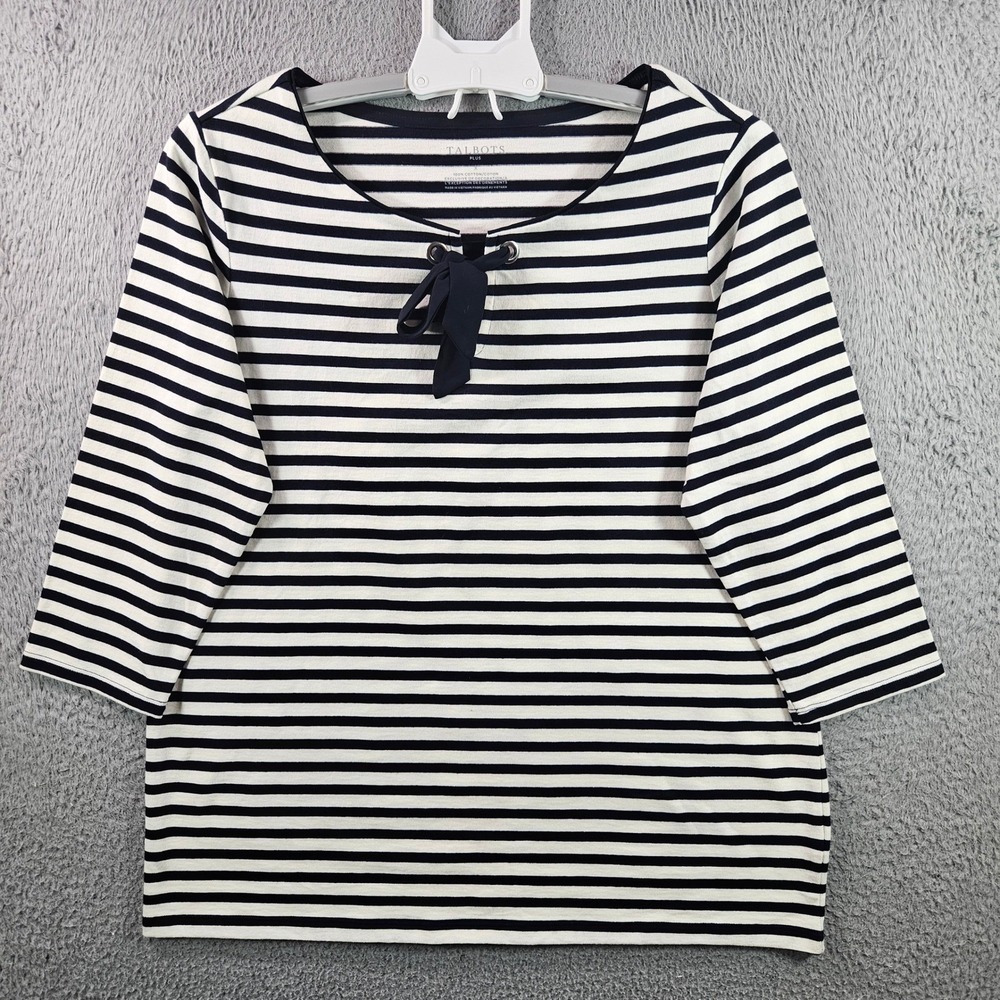 Talbots Plus Striped 3/4 Sleeve Boat Neck Tie Neck Top Womens Size X